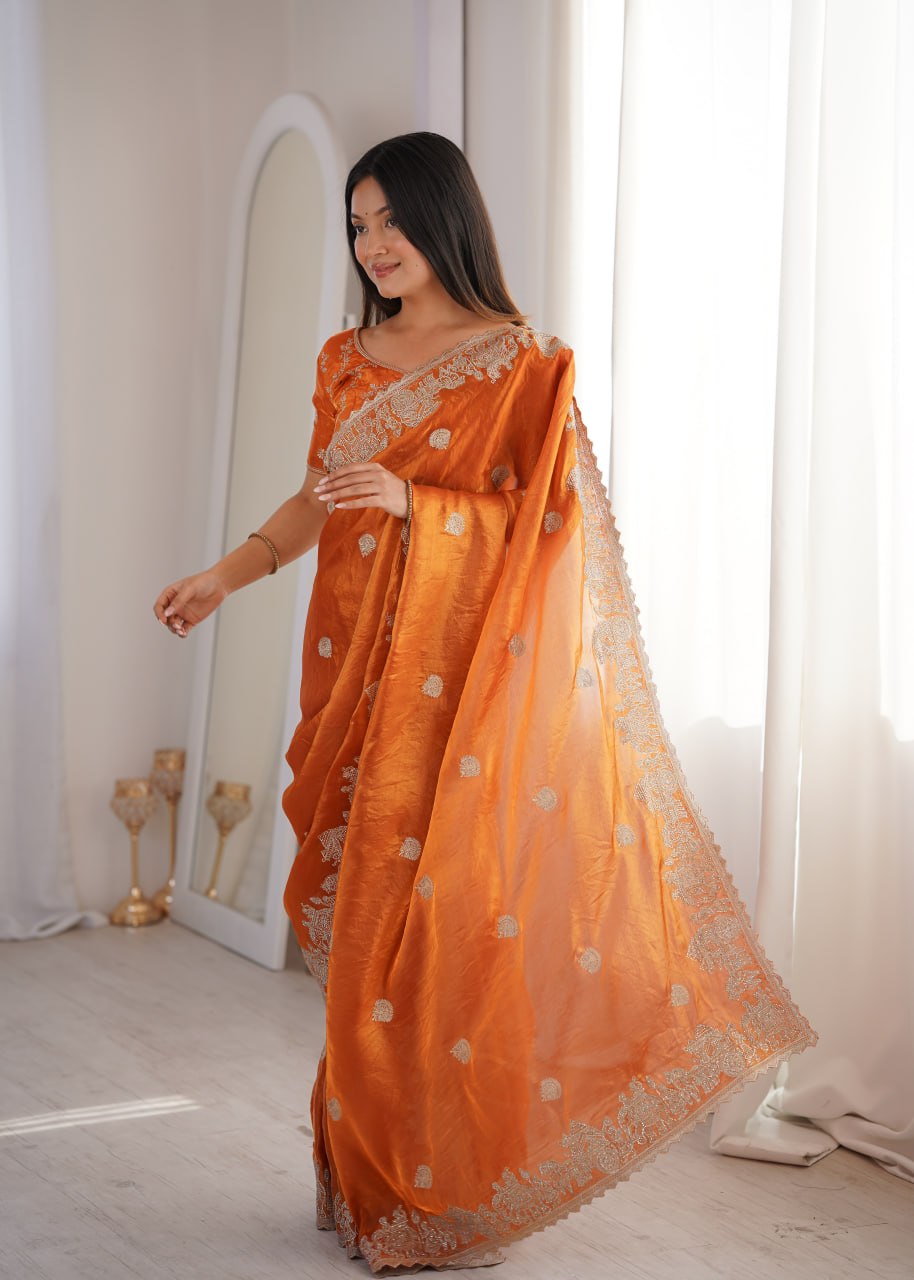 Orange Fendy Crush Zari Embroidered Designer Saree