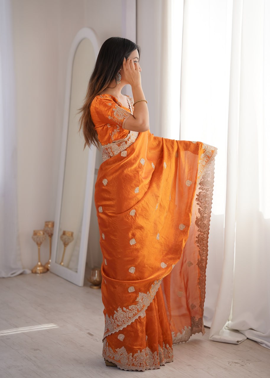 Orange Fendy Crush Zari Embroidered Designer Saree
