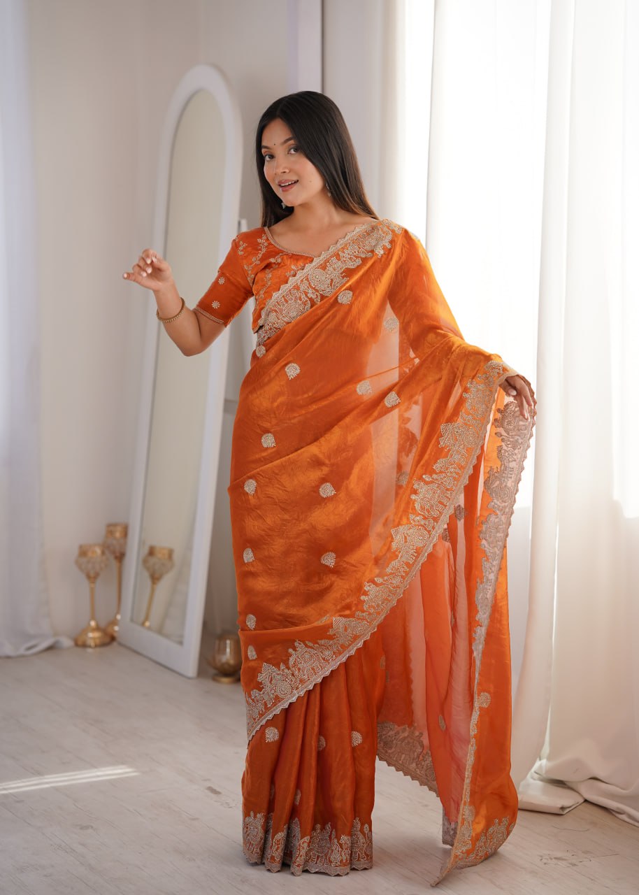 Orange Fendy Crush Zari Embroidered Designer Saree