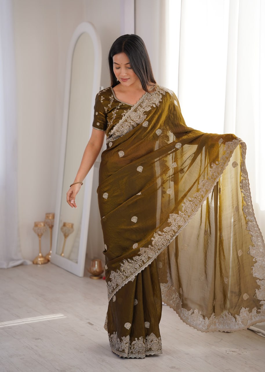 Olive Green Fendy Crush Zari Embroidered Designer Saree