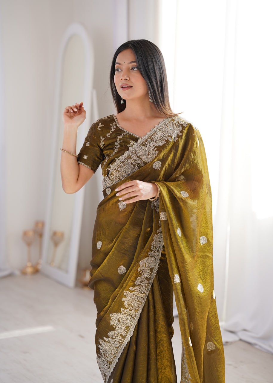 Olive Green Fendy Crush Zari Embroidered Designer Saree