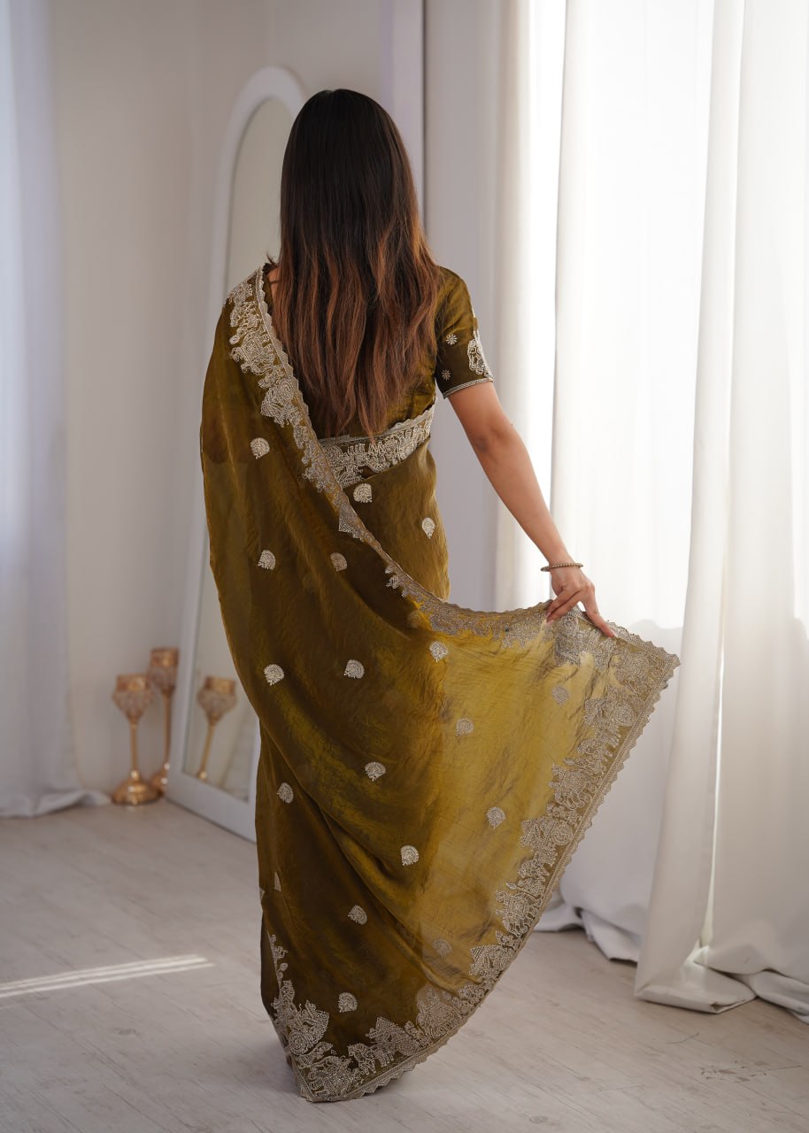 Olive Green Fendy Crush Zari Embroidered Designer Saree