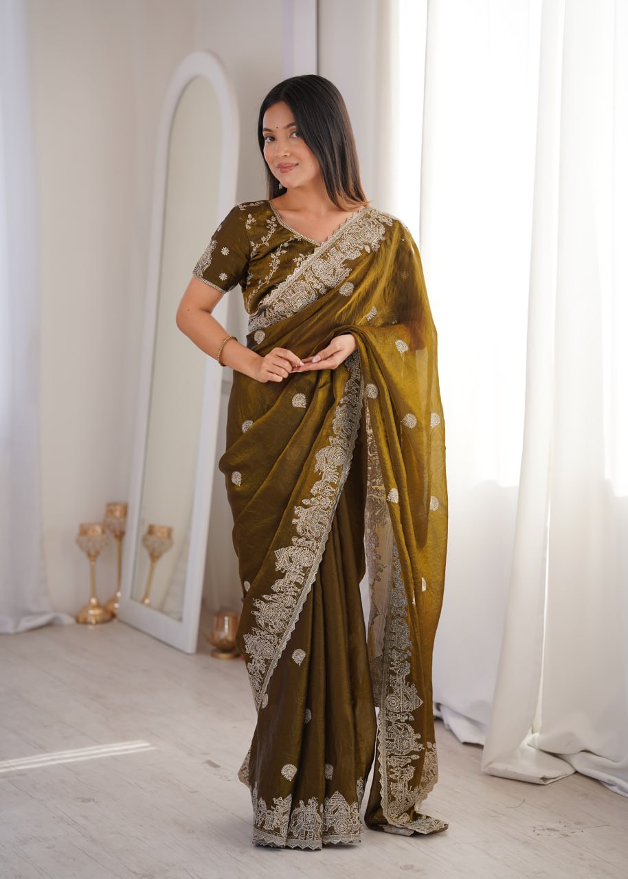 Olive Green Fendy Crush Zari Embroidered Designer Saree