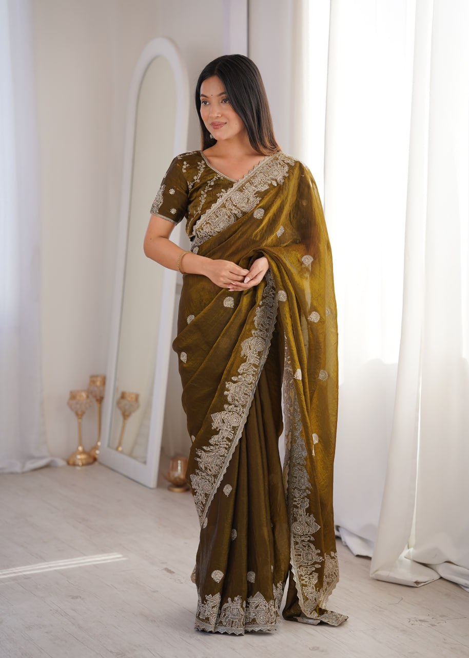 Olive Green Fendy Crush Zari Embroidered Designer Saree