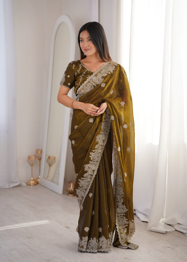 Olive Green Fendy Crush Zari Embroidered Designer Saree