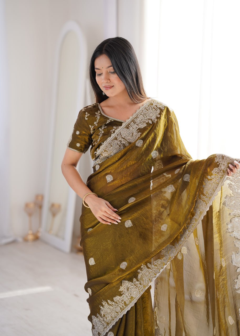Olive Green Fendy Crush Zari Embroidered Designer Saree