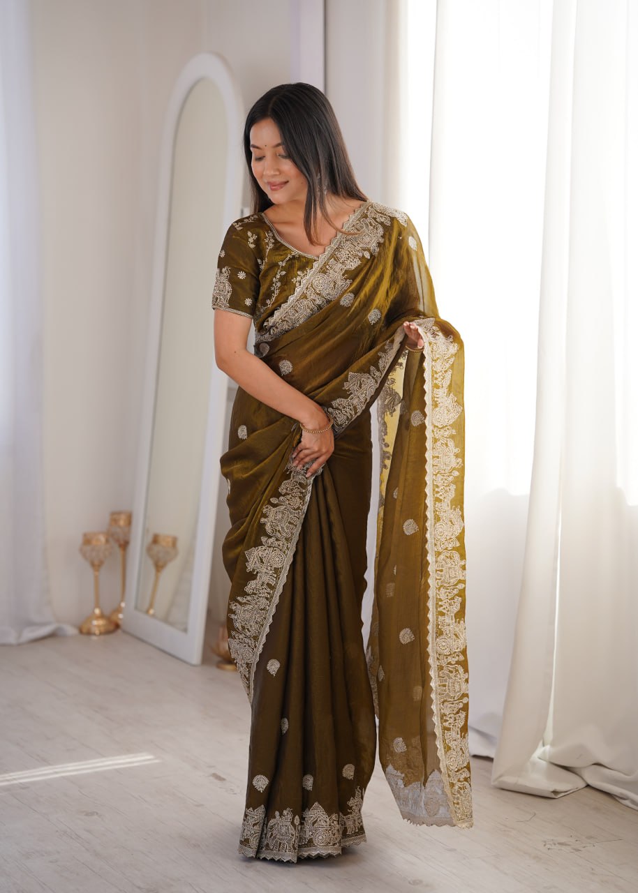 Olive Green Fendy Crush Zari Embroidered Designer Saree