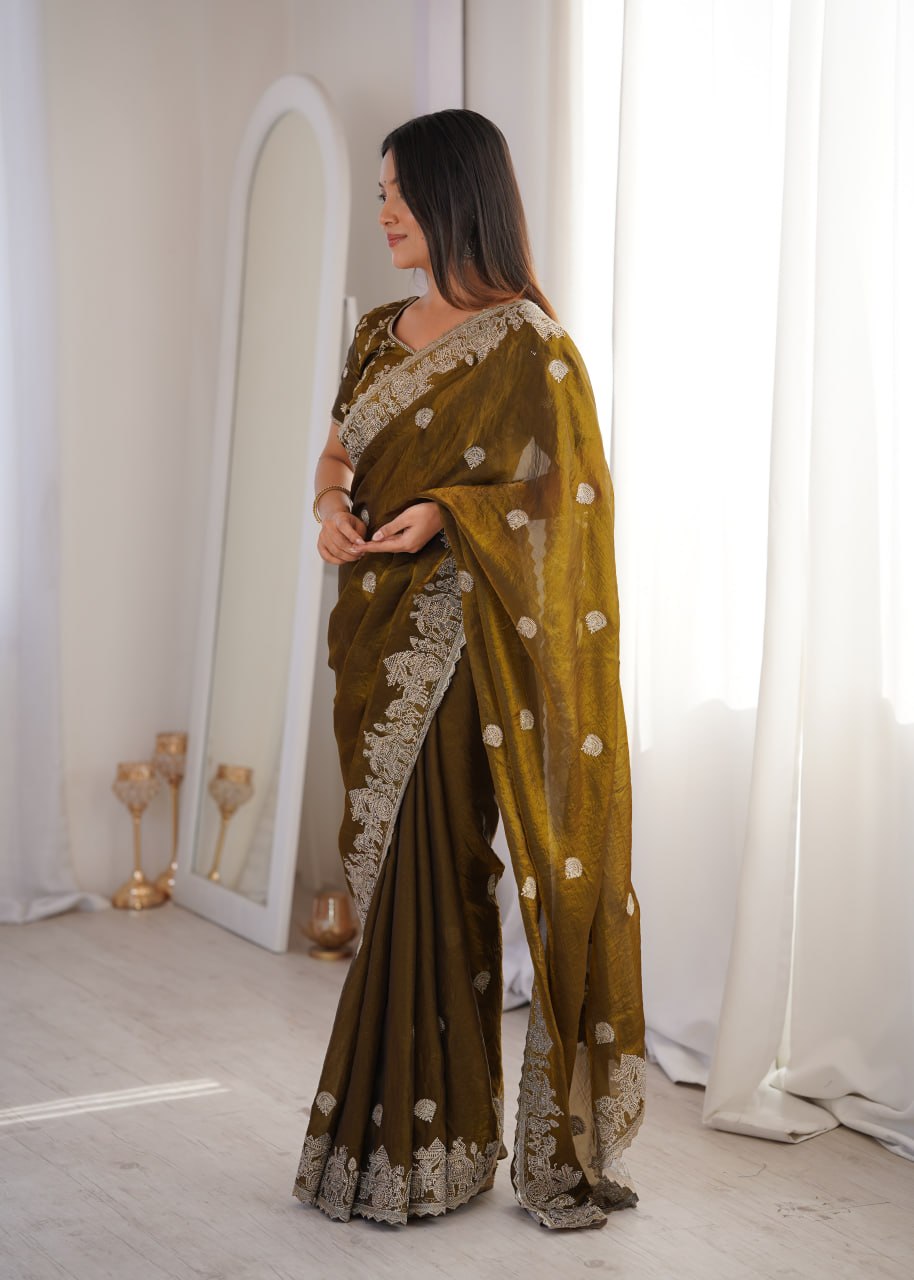 Olive Green Fendy Crush Zari Embroidered Designer Saree