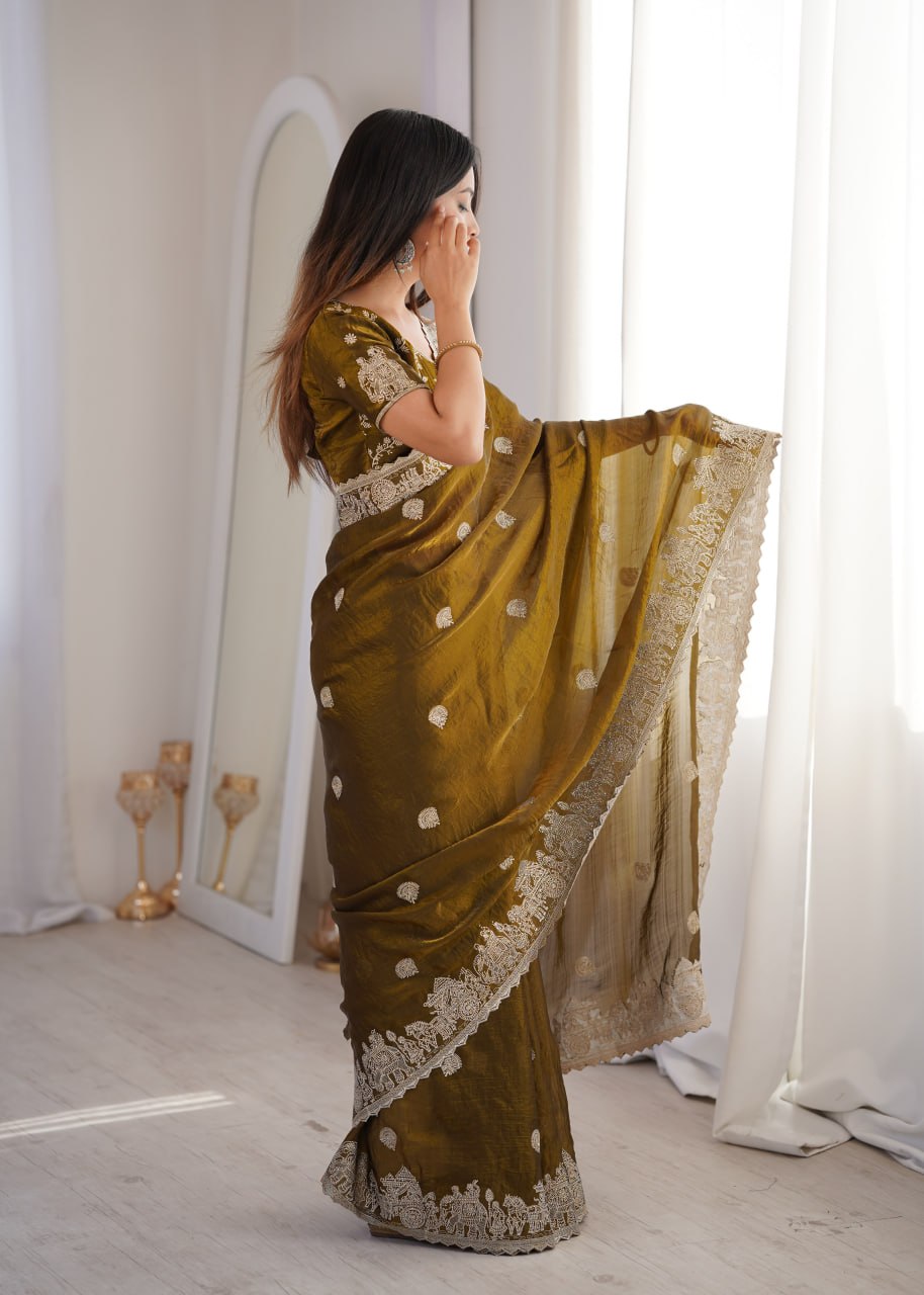 Olive Green Fendy Crush Zari Embroidered Designer Saree