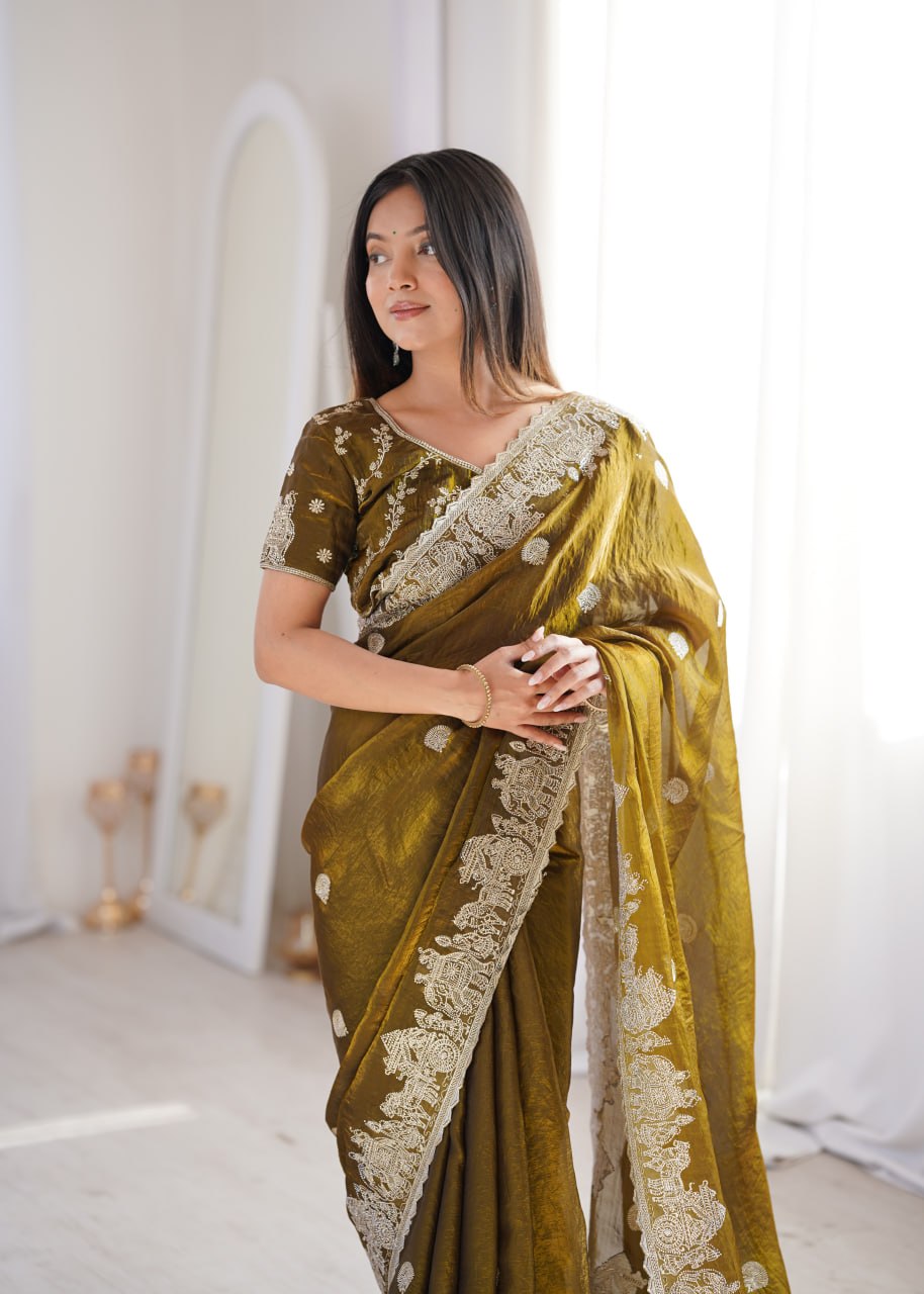 Olive Green Fendy Crush Zari Embroidered Designer Saree
