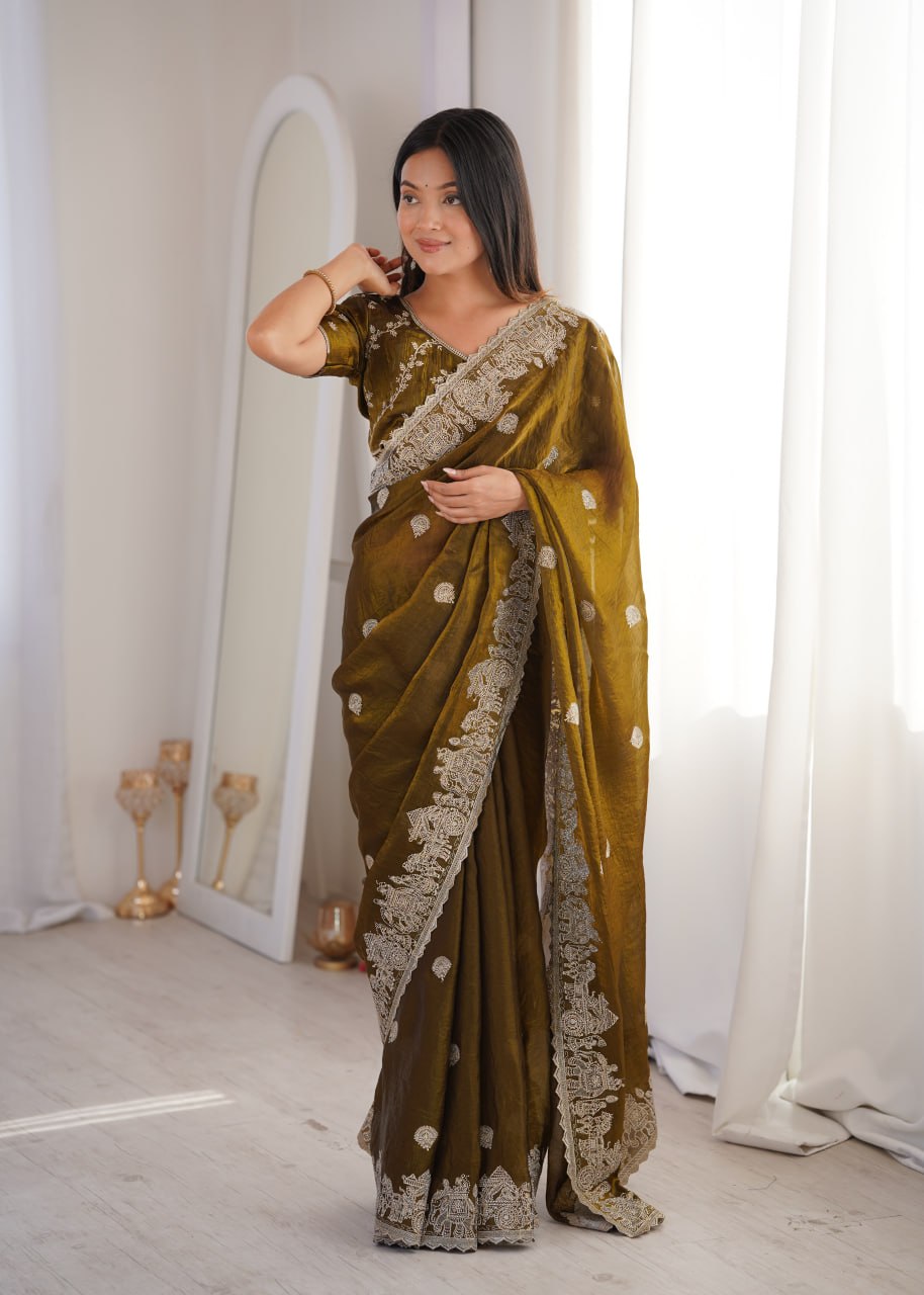 Olive Green Fendy Crush Zari Embroidered Designer Saree