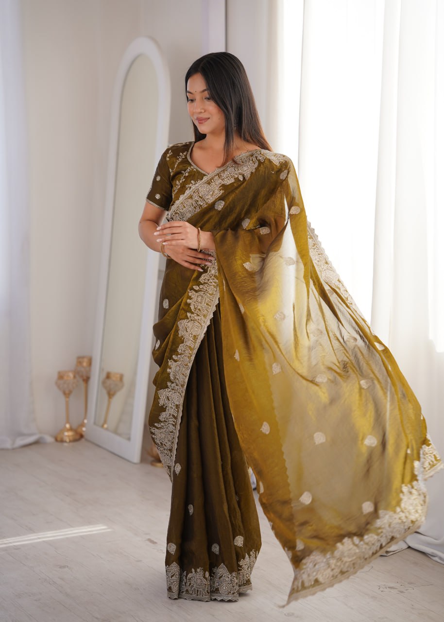 Olive Green Fendy Crush Zari Embroidered Designer Saree