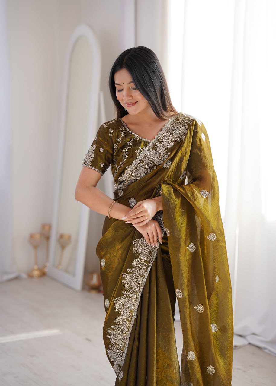 Olive Green Fendy Crush Zari Embroidered Designer Saree