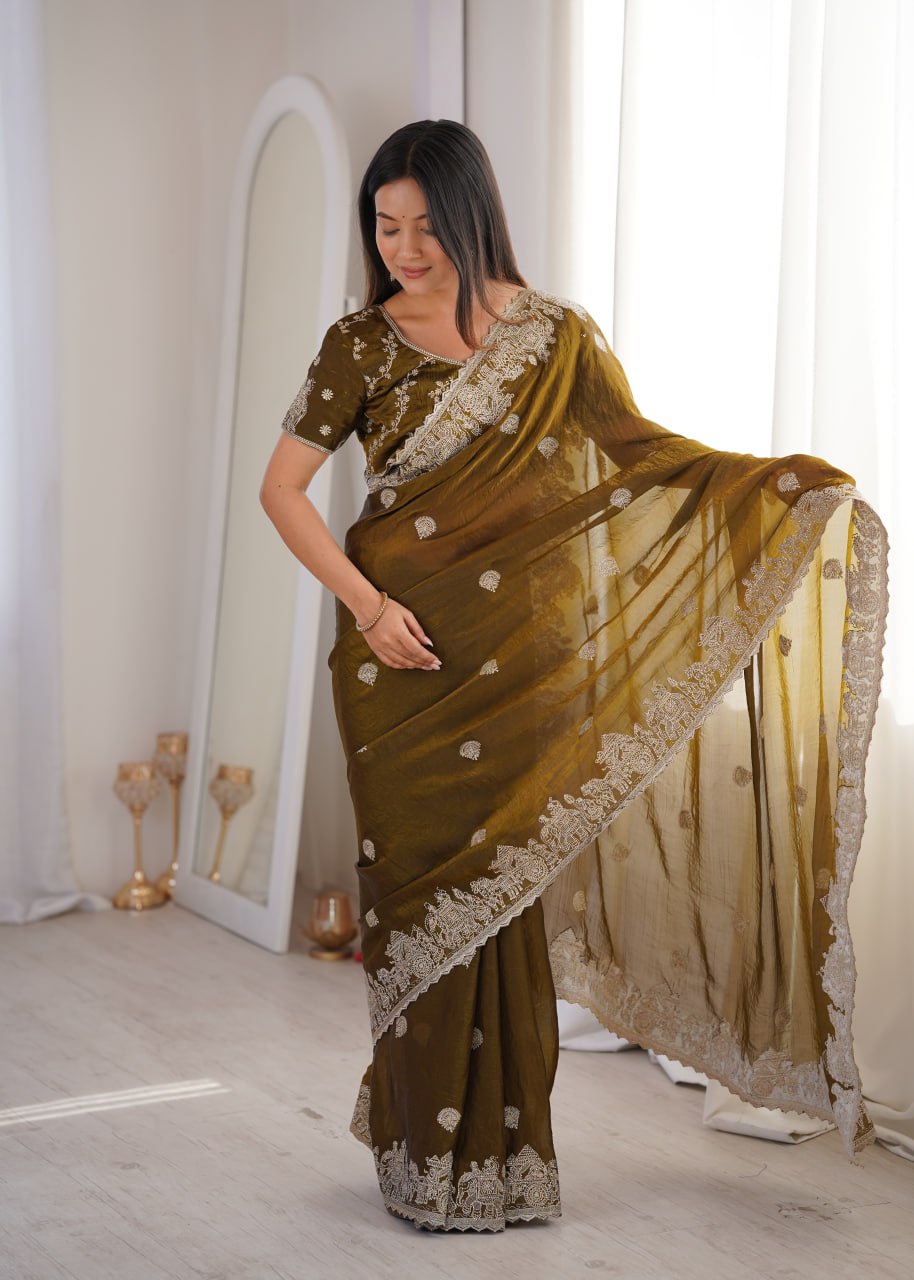 Olive Green Fendy Crush Zari Embroidered Designer Saree