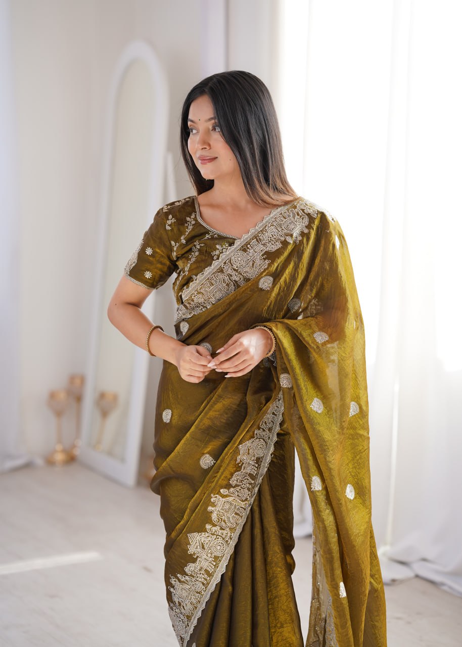 Olive Green Fendy Crush Zari Embroidered Designer Saree