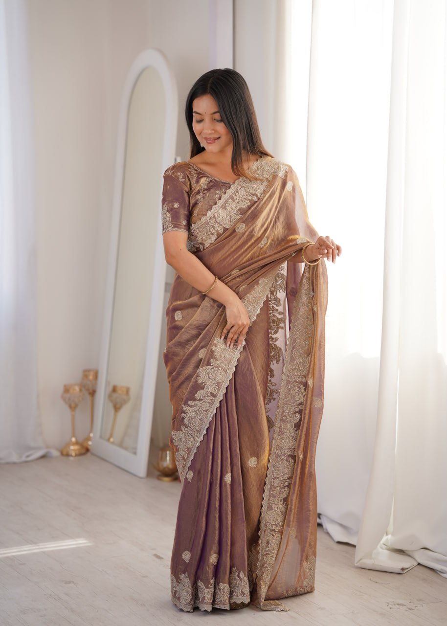 Burgundy Fendy Crush Zari Embroidered Designer Saree