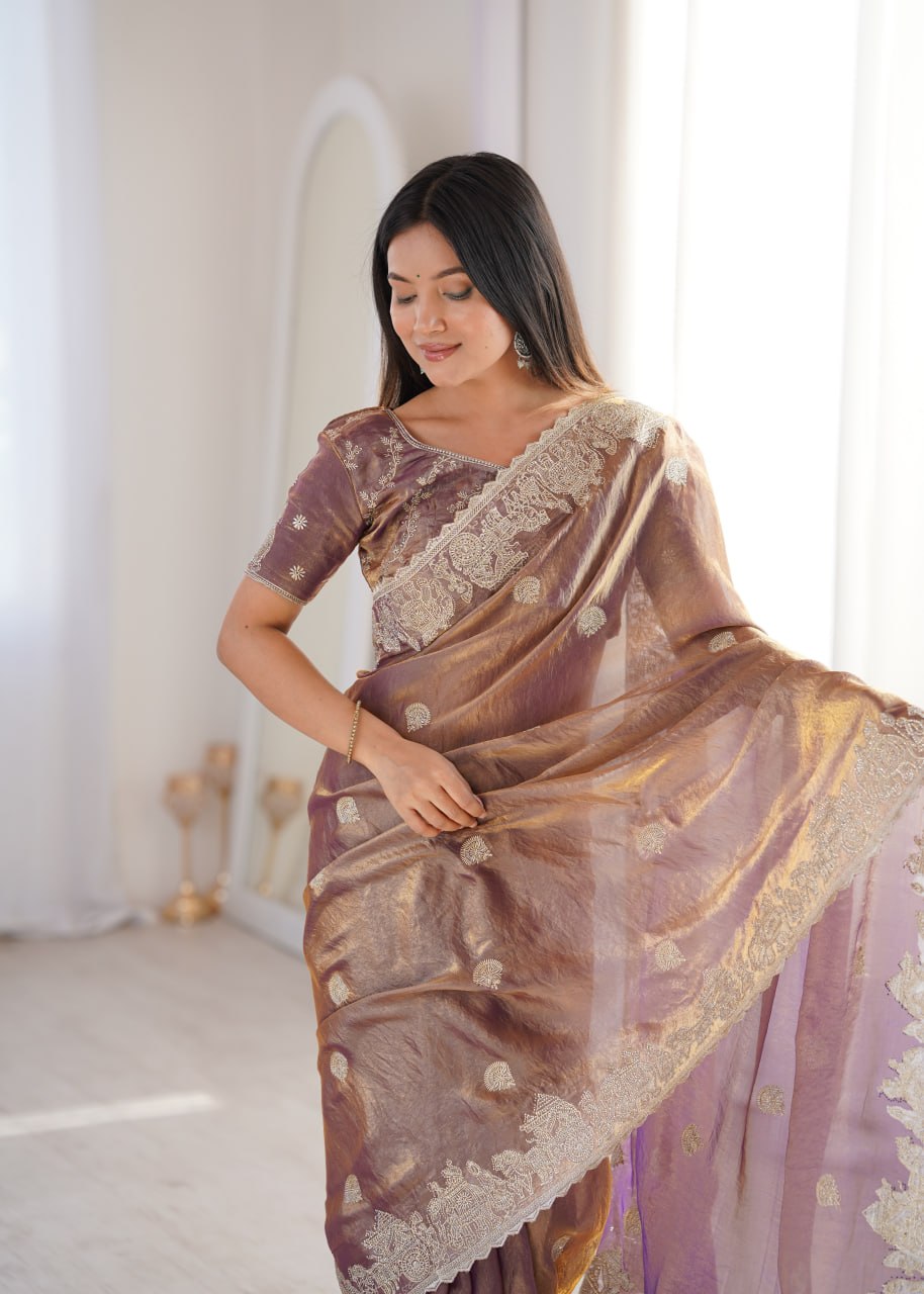 Burgundy Fendy Crush Zari Embroidered Designer Saree
