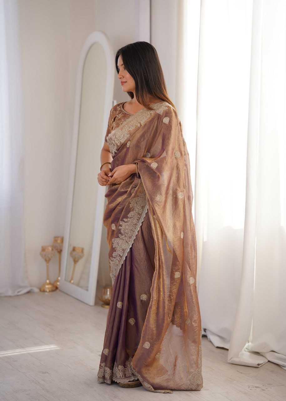Burgundy Fendy Crush Zari Embroidered Designer Saree