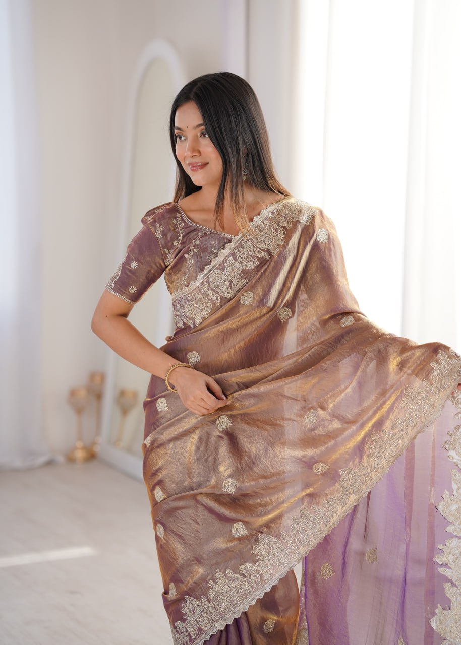 Burgundy Fendy Crush Zari Embroidered Designer Saree