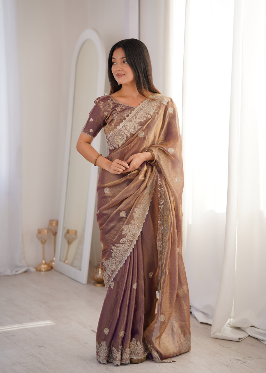 Burgundy Fendy Crush Zari Embroidered Designer Saree