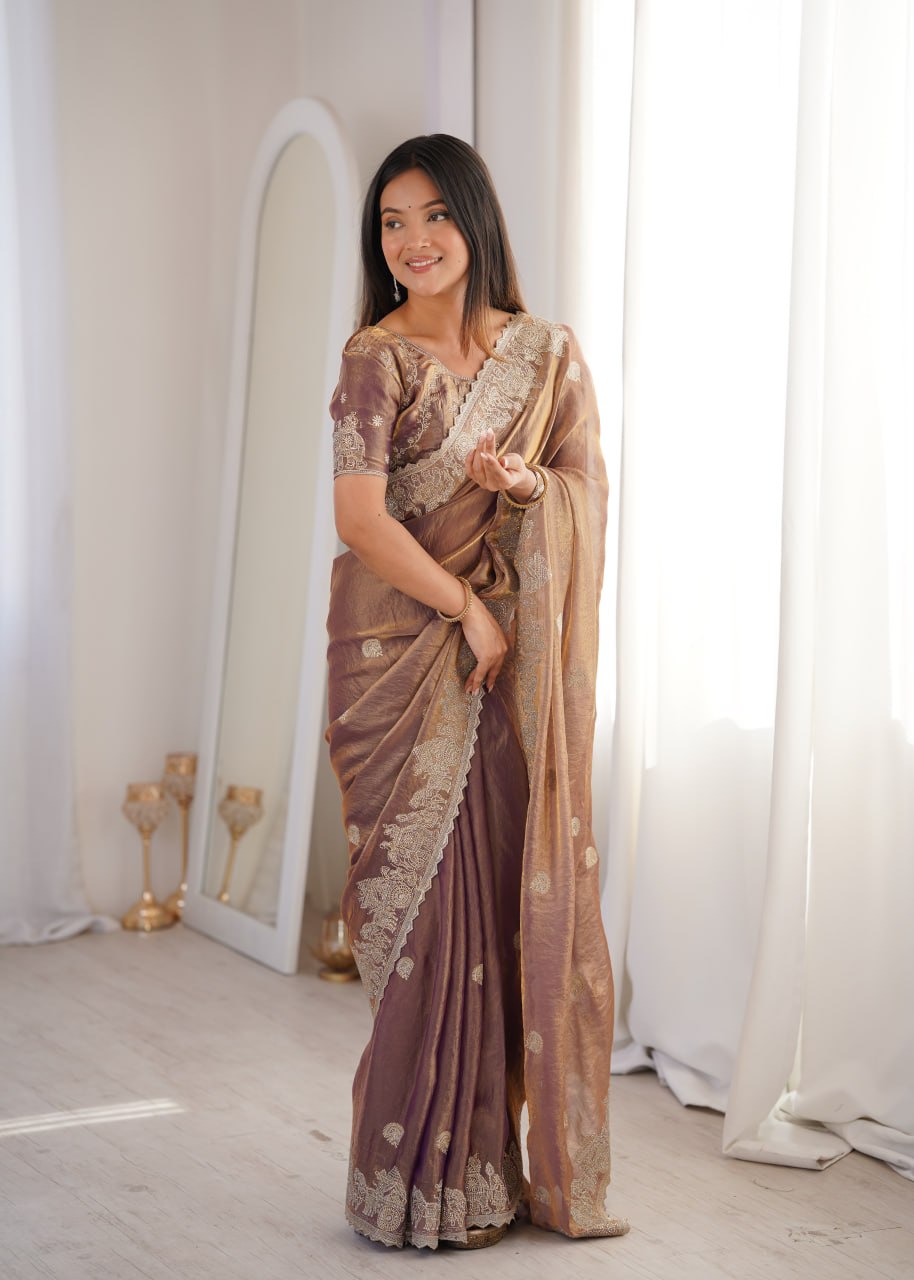 Burgundy Fendy Crush Zari Embroidered Designer Saree