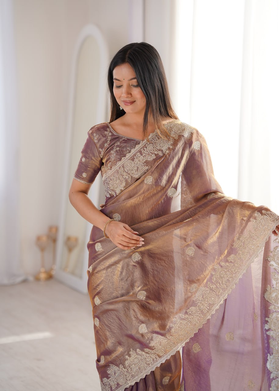 Burgundy Fendy Crush Zari Embroidered Designer Saree