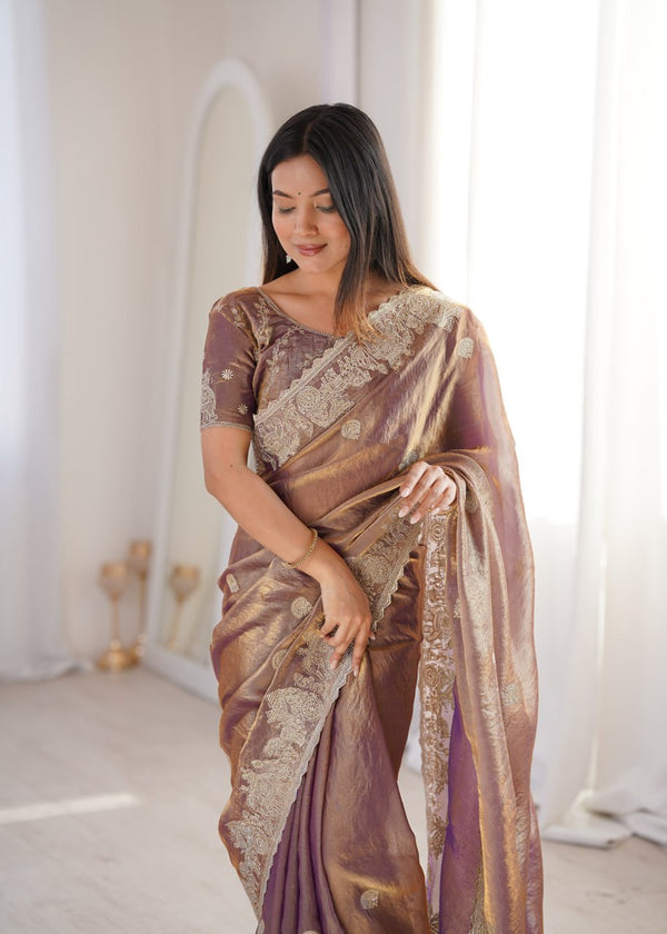 Burgundy Fendy Crush Zari Embroidered Designer Saree