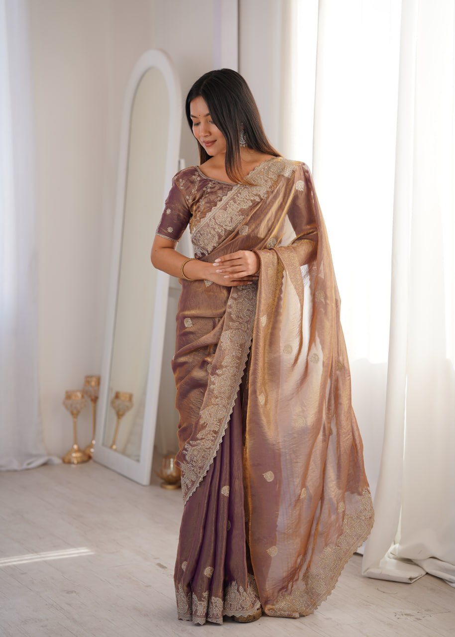 Burgundy Fendy Crush Zari Embroidered Designer Saree