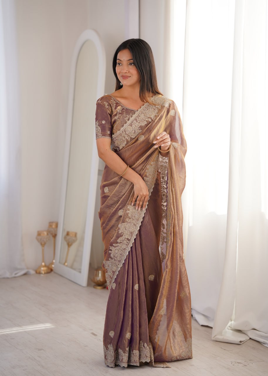 Burgundy Fendy Crush Zari Embroidered Designer Saree