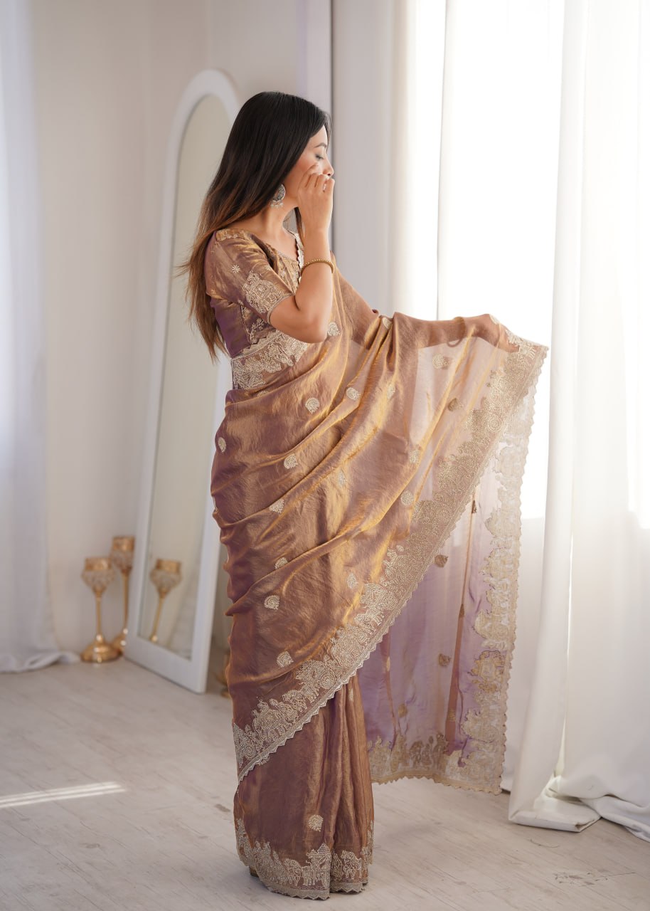 Burgundy Fendy Crush Zari Embroidered Designer Saree