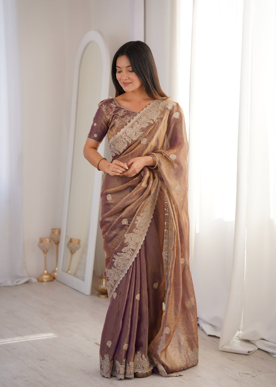 Burgundy Fendy Crush Zari Embroidered Designer Saree