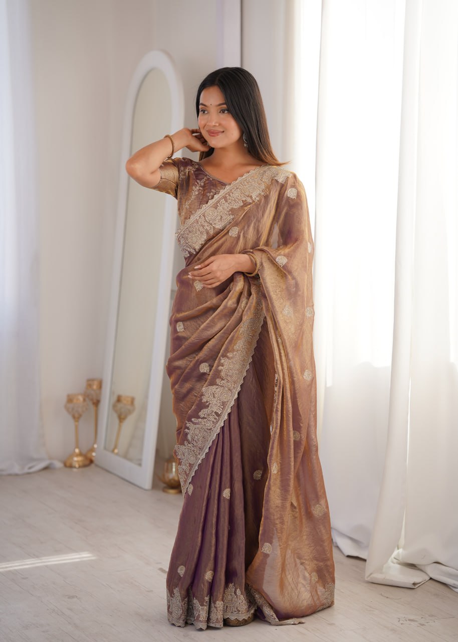 Burgundy Fendy Crush Zari Embroidered Designer Saree