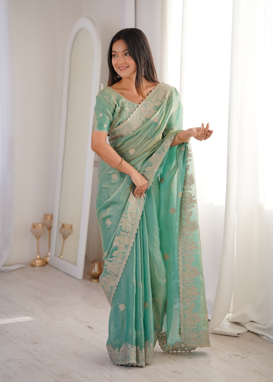 Teal Fendy Crush Zari Embroidered Designer Saree