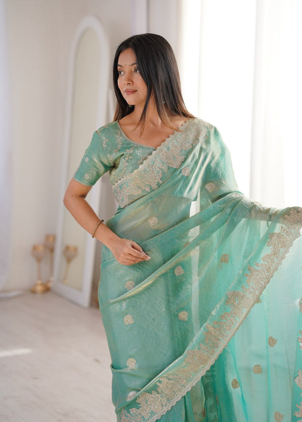 Teal Fendy Crush Zari Embroidered Designer Saree