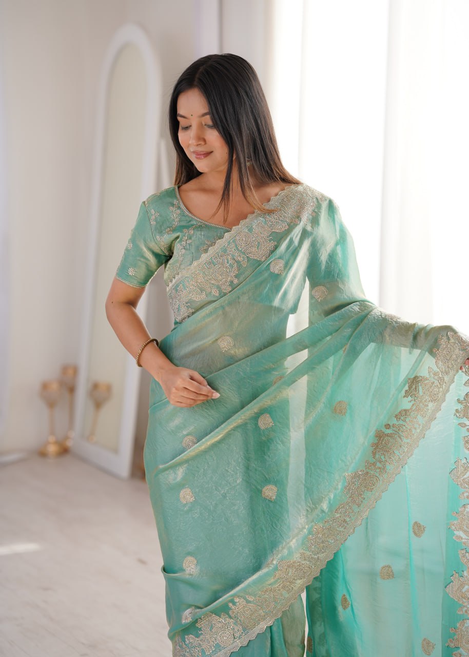 Teal Fendy Crush Zari Embroidered Designer Saree