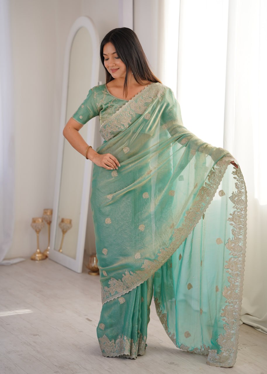 Teal Fendy Crush Zari Embroidered Designer Saree