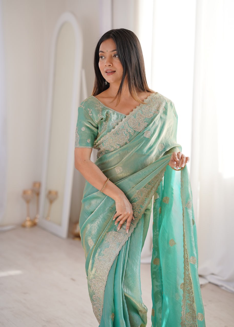 Teal Fendy Crush Zari Embroidered Designer Saree