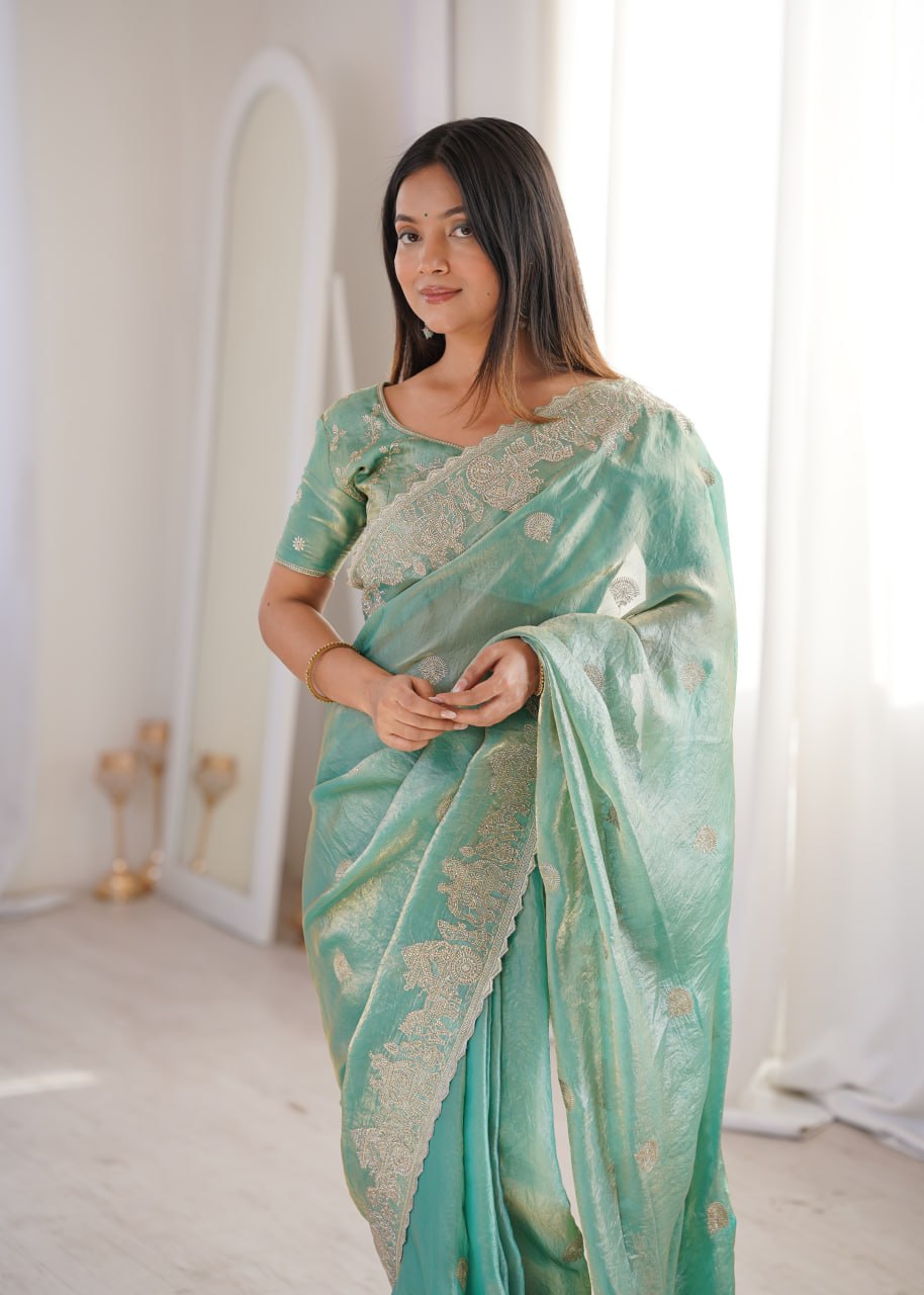 Teal Fendy Crush Zari Embroidered Designer Saree