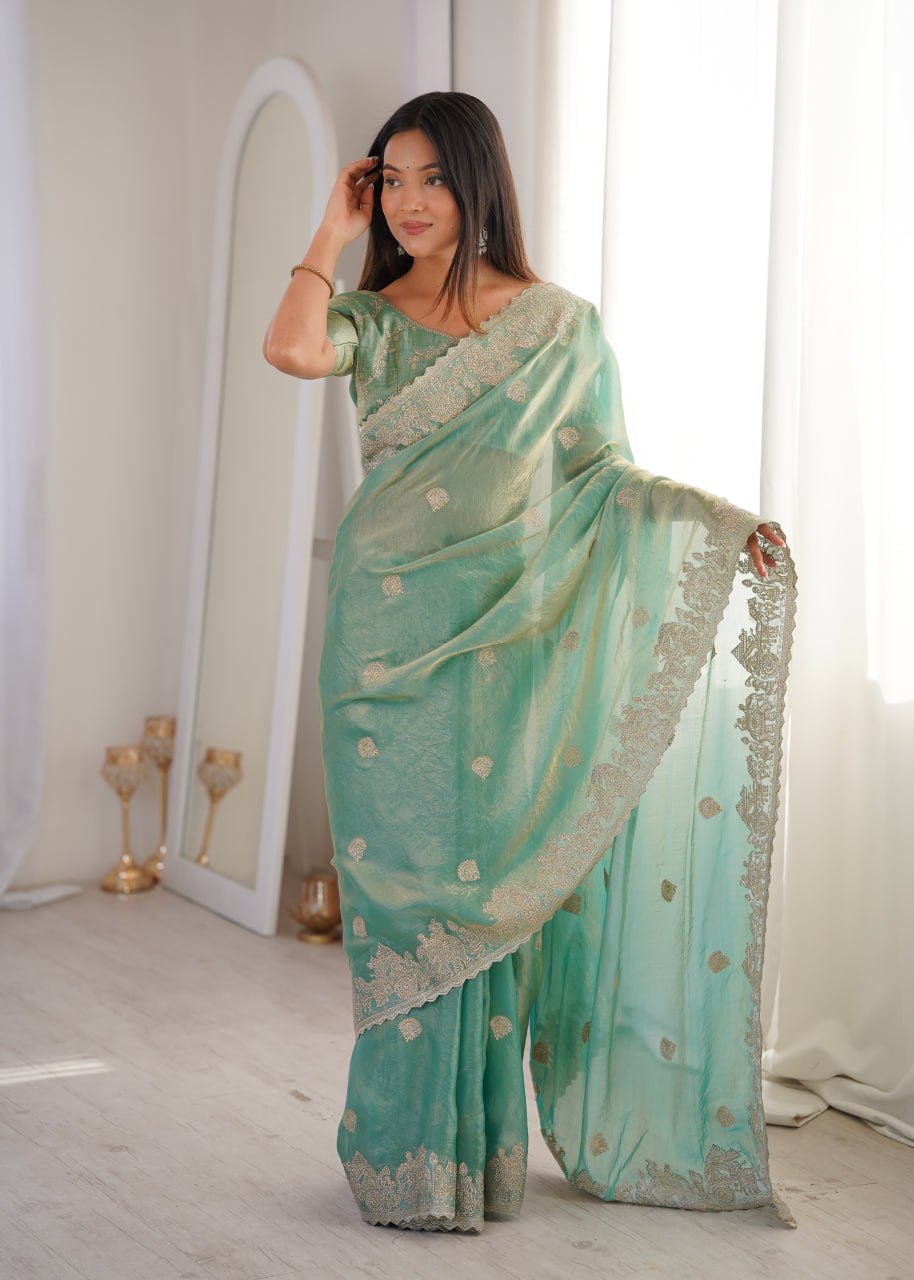 Teal Fendy Crush Zari Embroidered Designer Saree