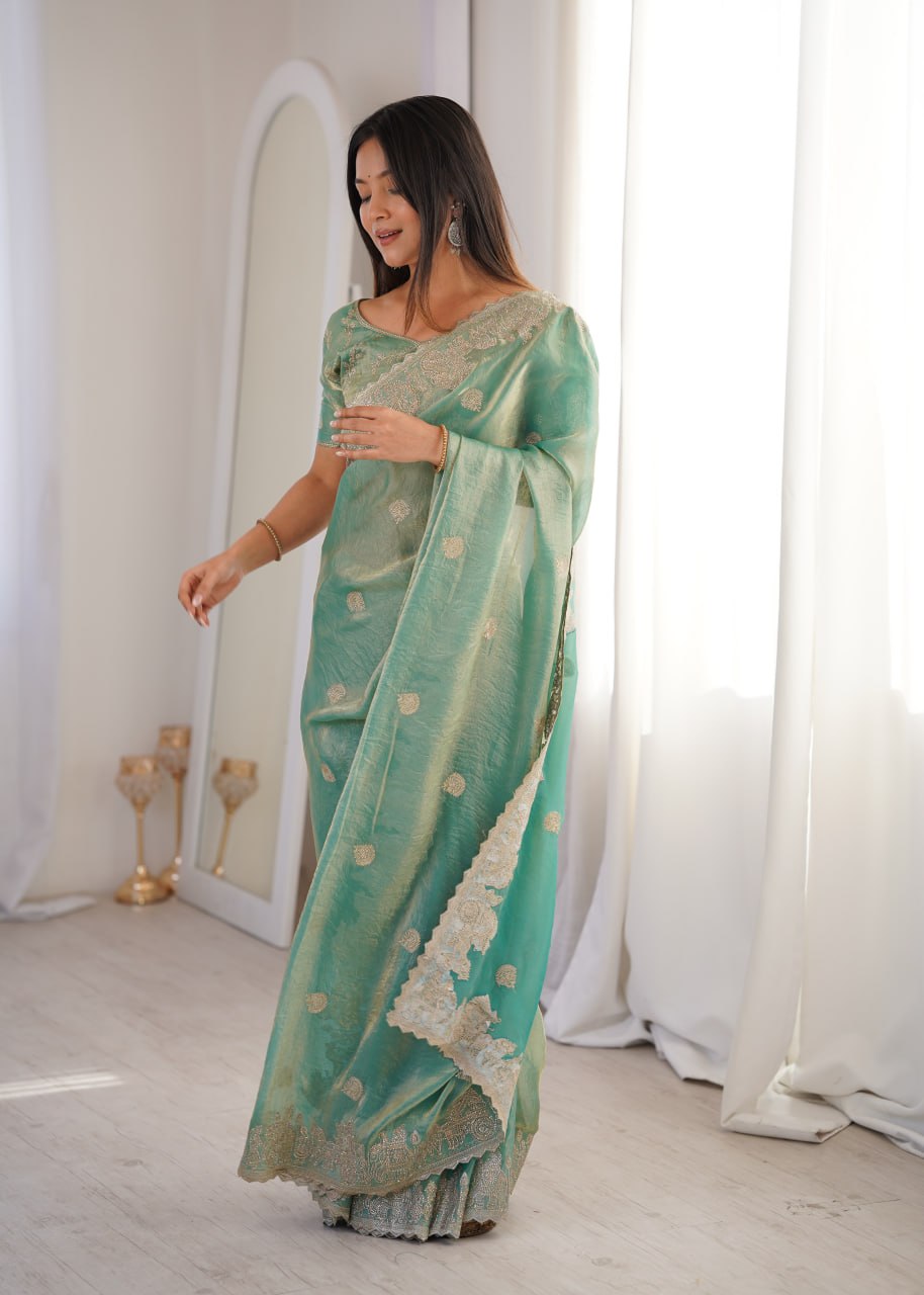 Teal Fendy Crush Zari Embroidered Designer Saree