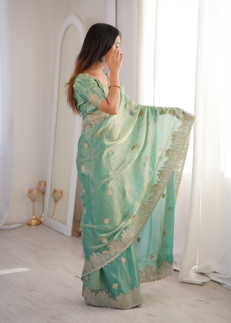 Teal Fendy Crush Zari Embroidered Designer Saree