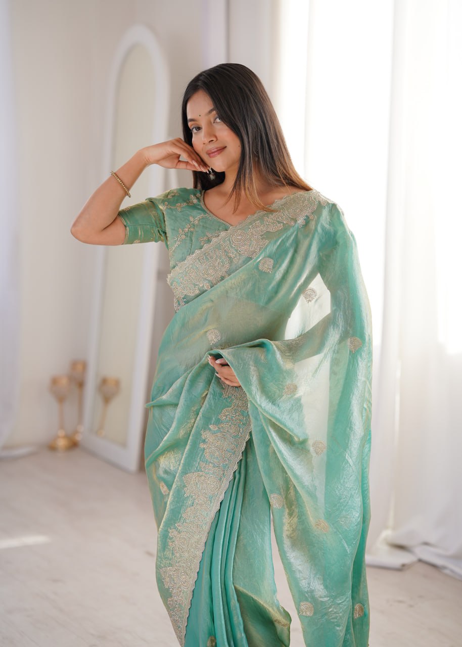Teal Fendy Crush Zari Embroidered Designer Saree
