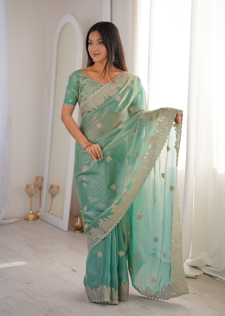 Teal Fendy Crush Zari Embroidered Designer Saree