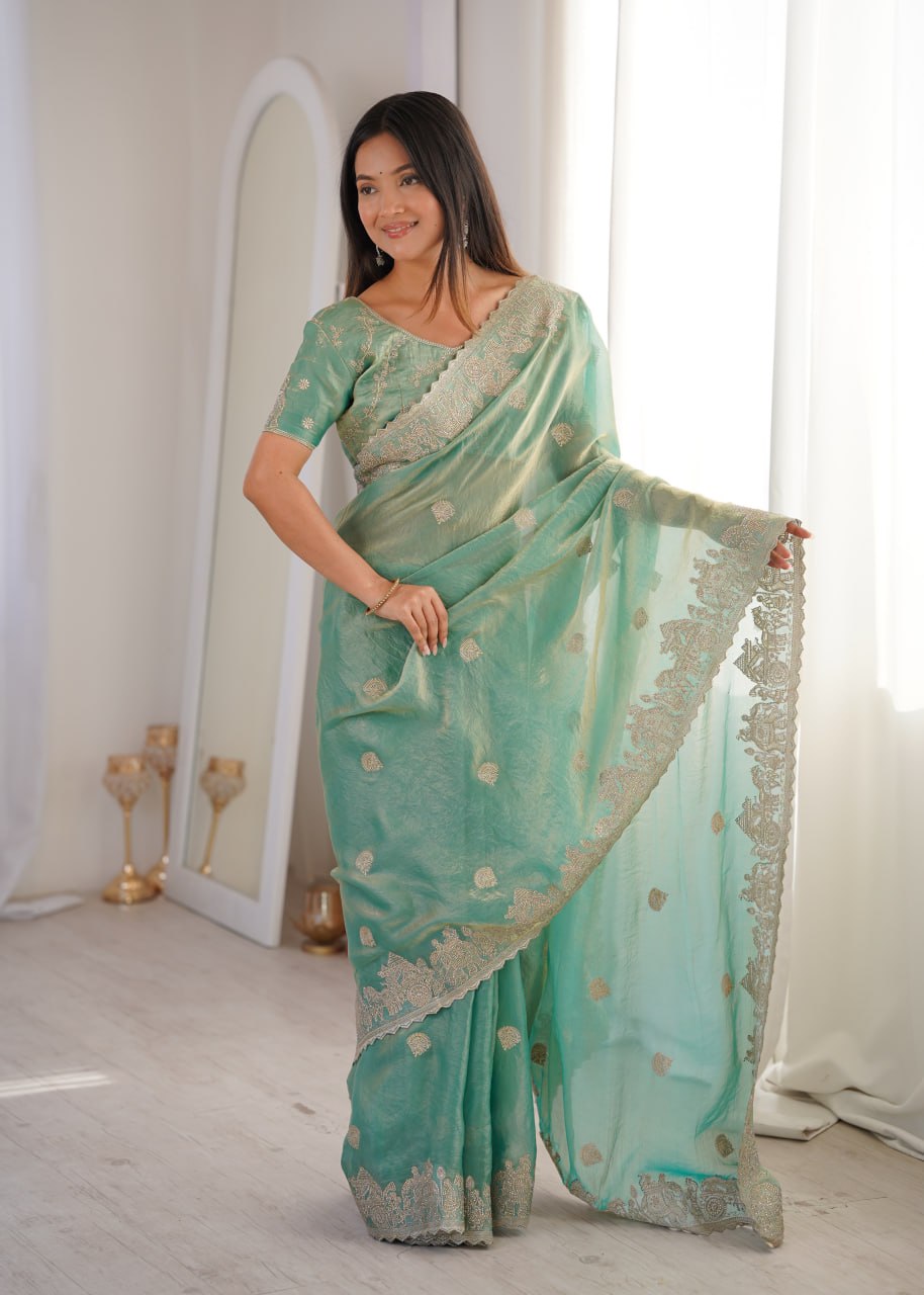 Teal Fendy Crush Zari Embroidered Designer Saree