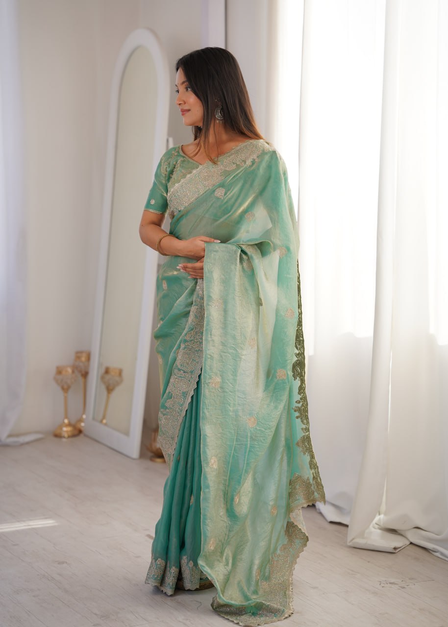 Teal Fendy Crush Zari Embroidered Designer Saree