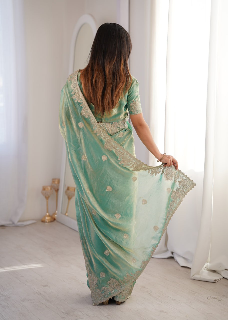 Teal Fendy Crush Zari Embroidered Designer Saree