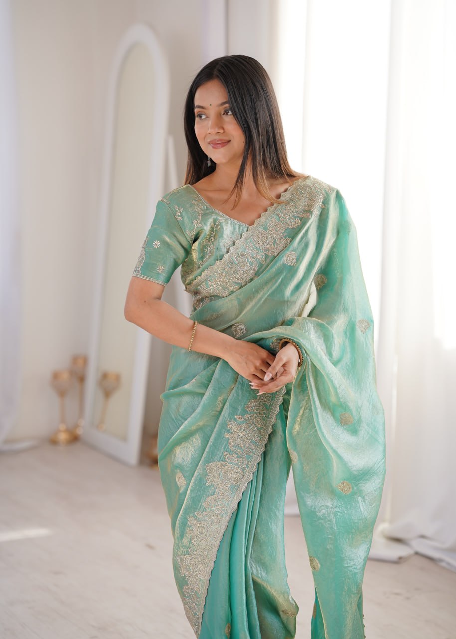 Teal Fendy Crush Zari Embroidered Designer Saree