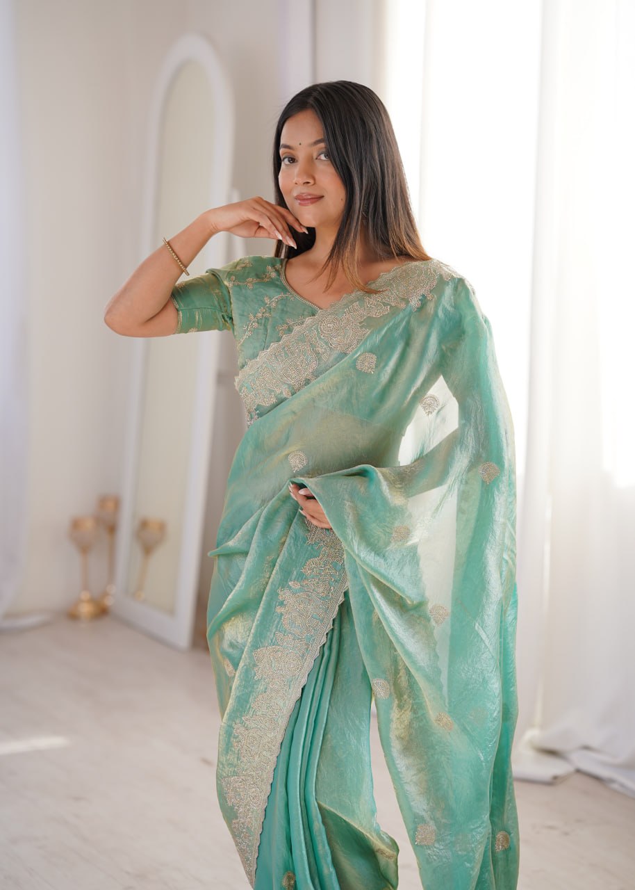 Teal Fendy Crush Zari Embroidered Designer Saree
