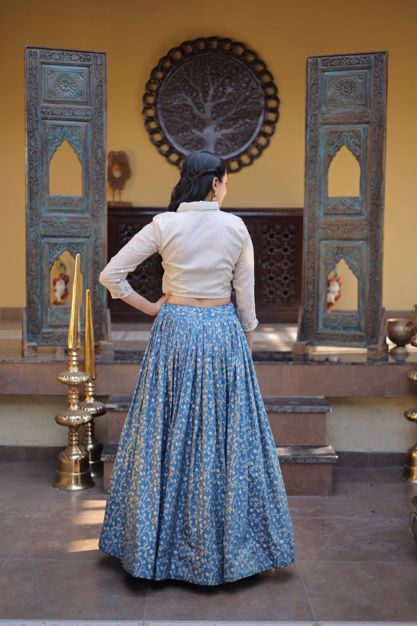 Blue Cosmos Jacquard Lehenga with Embroidered Blouse