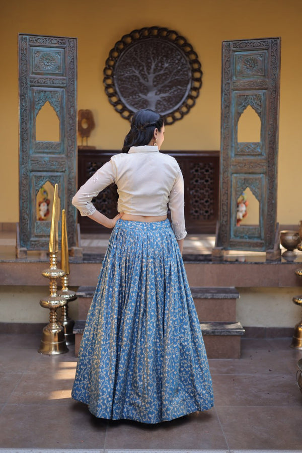 Blue Cosmos Jacquard Lehenga with Embroidered Blouse